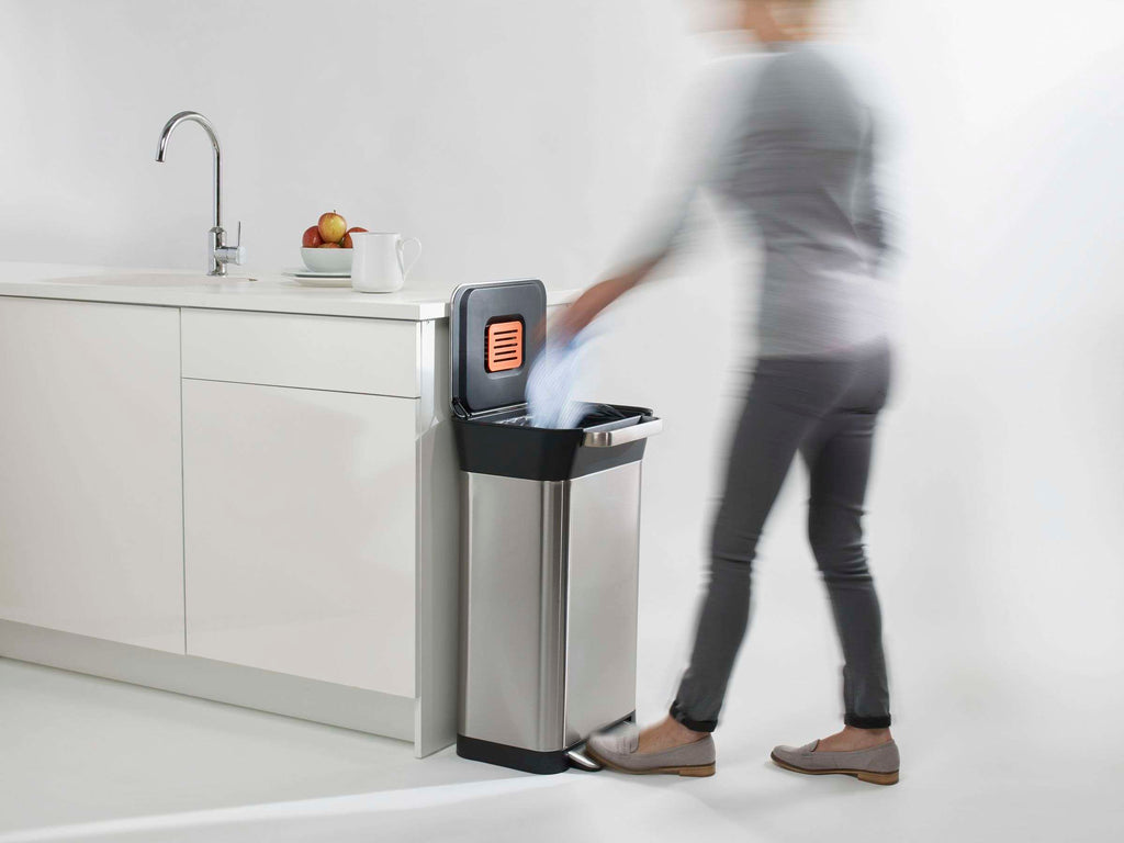 Prullenbak roestvrij staal Titan met afvalcompressor en pedaal, zilver, 30 L – 34,4 x 39 x 68,4 cm, keuken