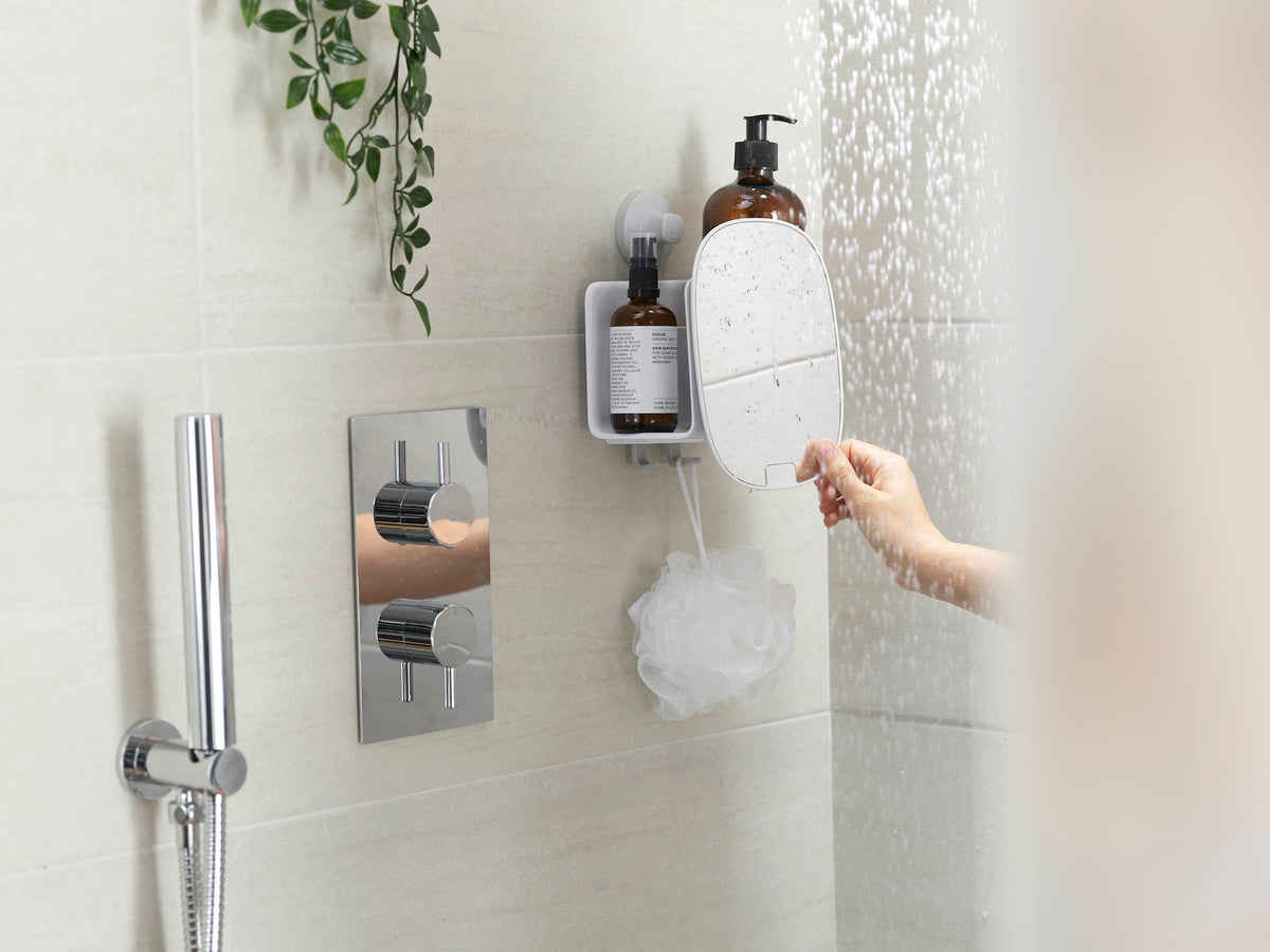 Doucherek met spiegel wit, met zuignappen en afwateringsgat, verstelbare breukvaste spiegel voor de badkamer