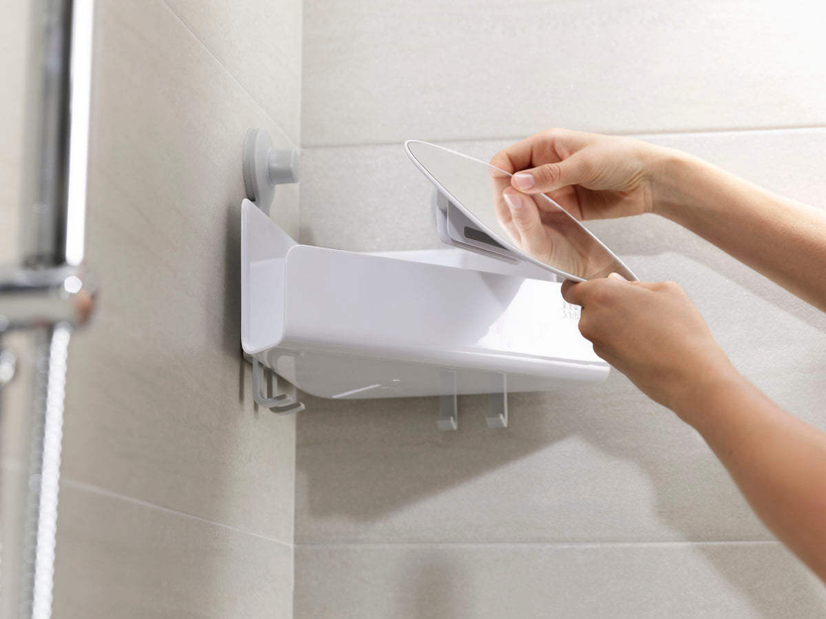 Doucherek met spiegel wit, met zuignappen en afwateringsgat, verstelbare breukvaste spiegel voor de badkamer