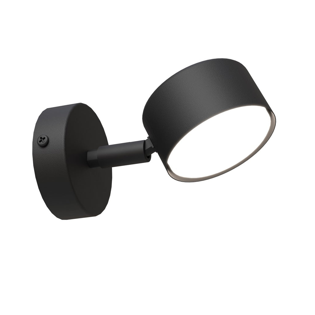 Zwarte wandlamp met ronde wandplaat, korte arm en ronde lampenkop met verlichte onderzijde