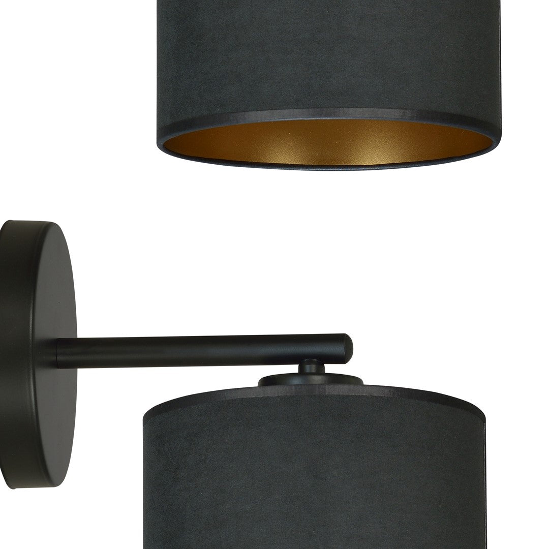 Wandlamp gepoedercoat staal en stof, Hilde, zwart met gouden binnenkant, Ø 20 cm kap, E27, woonkamer en slaapkamer