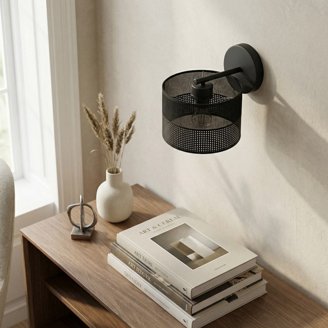 Wandlamp zwart gepoedercoat staal met stoffen kap, minimalistisch Karbon, kap Ø 20 cm, E27 fitting