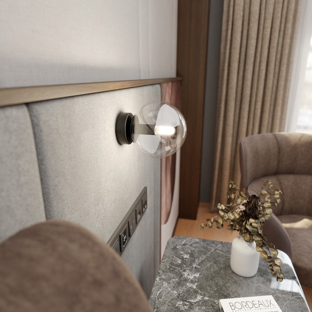 Wandlamp zwart gepoedercoat staal met transparante glazen kap, Rossi, modern, Ø 14 cm, woonkamer en slaapkamer