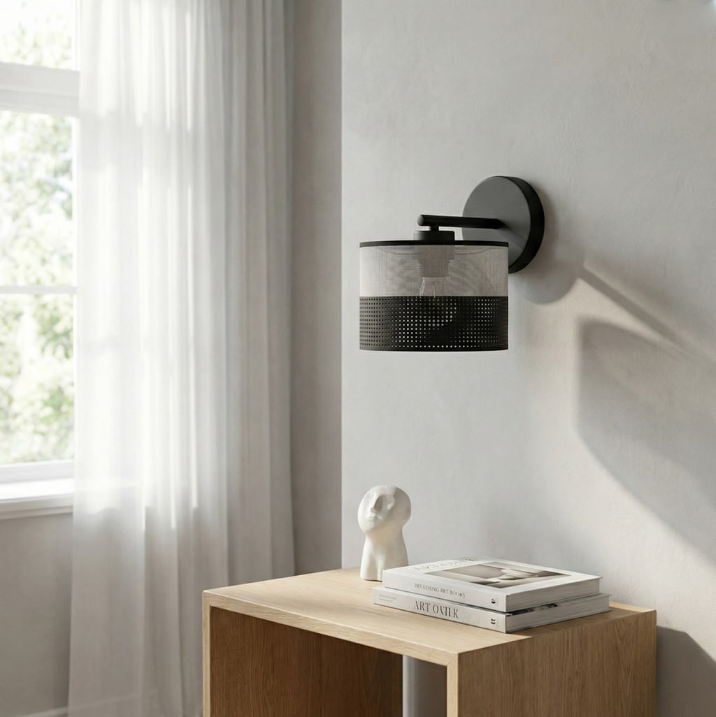 Wandlamp gepoedercoat staal minimalistisch Karbon, zwart met grijze stoffen kap Ø 20 cm, E27