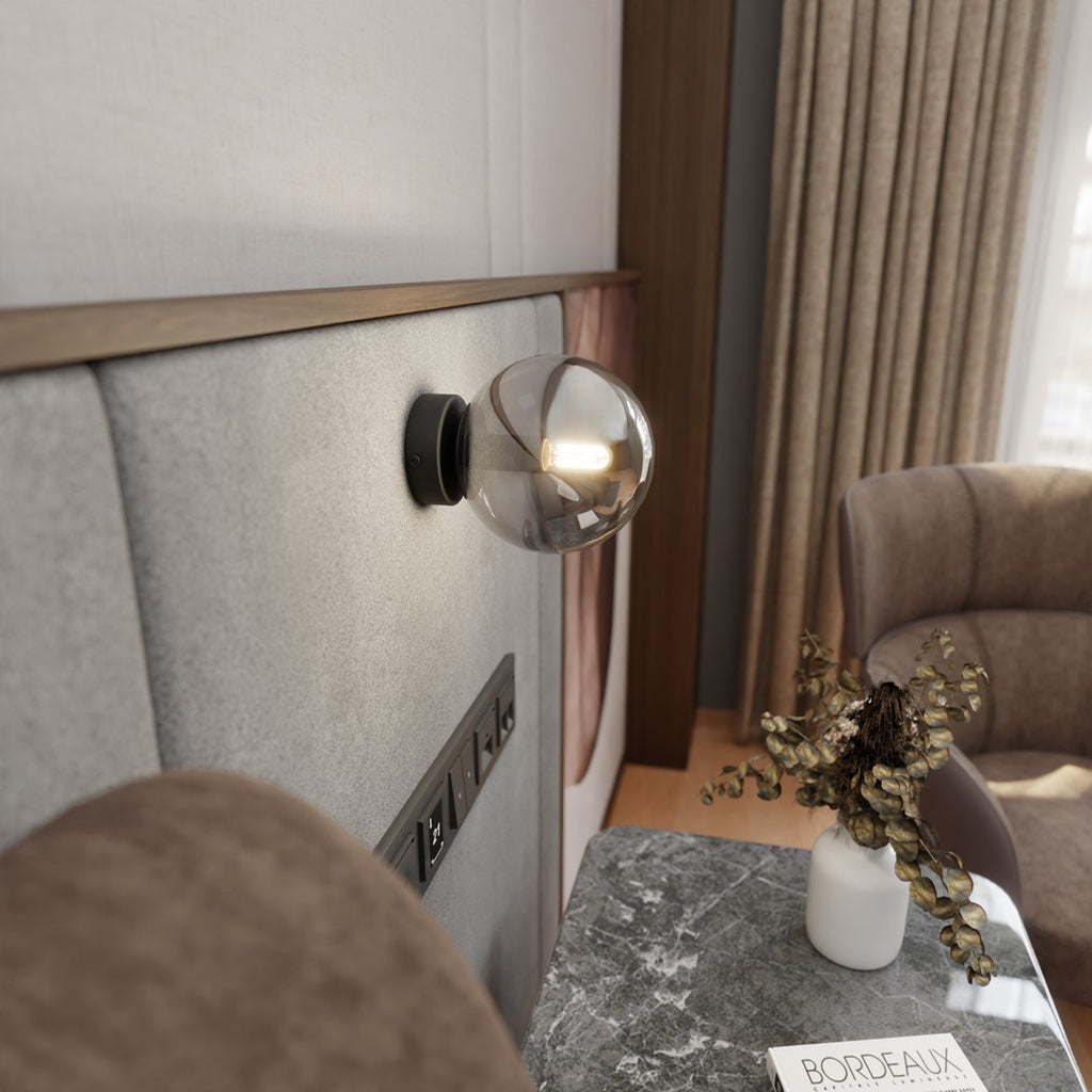 Wandlamp gepoedercoat staal en glas Rossi, zwart met grafiet glazen kap Ø 14 cm, E14, voor woonkamer en slaapkamer