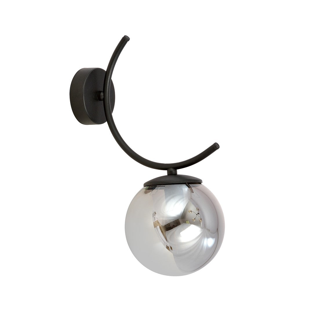 Wandlamp gepoedercoat staal en glas Boston, zwart met grafiet glazen kap Ø 14 cm, woonkamer en slaapkamer