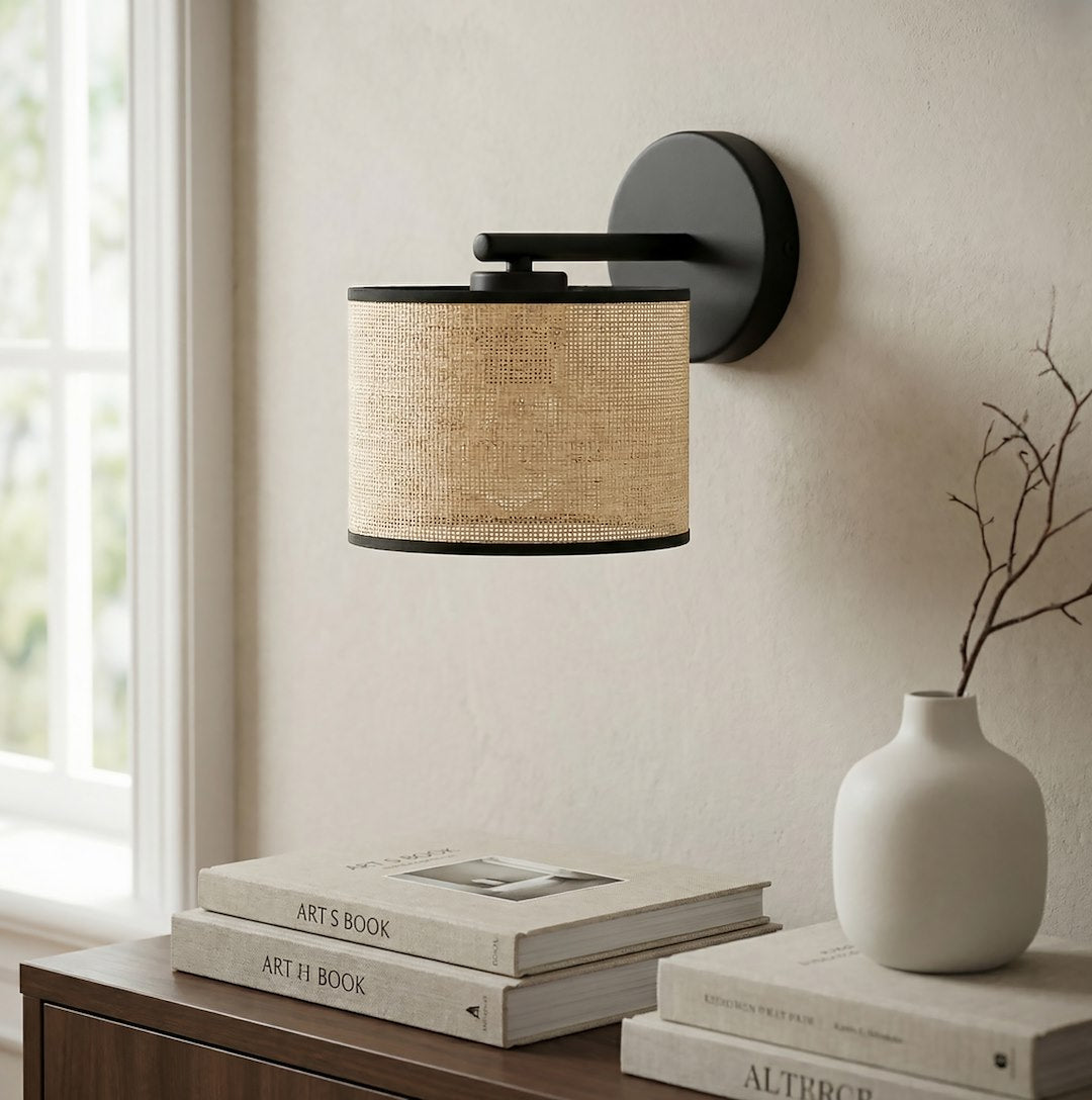 Wandlamp rotan met gepoedercoat staal, minimalistisch Eco, zwart en naturel, lampenkap Ø 20 cm, E27