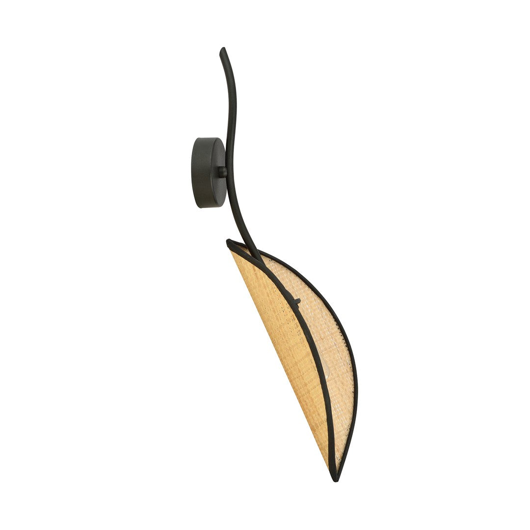 Wandlamp gepoedercoat staal en rotan Lotus boho zwart met bruine kap, 12 x 51 cm, E14, woonkamer en slaapkamer