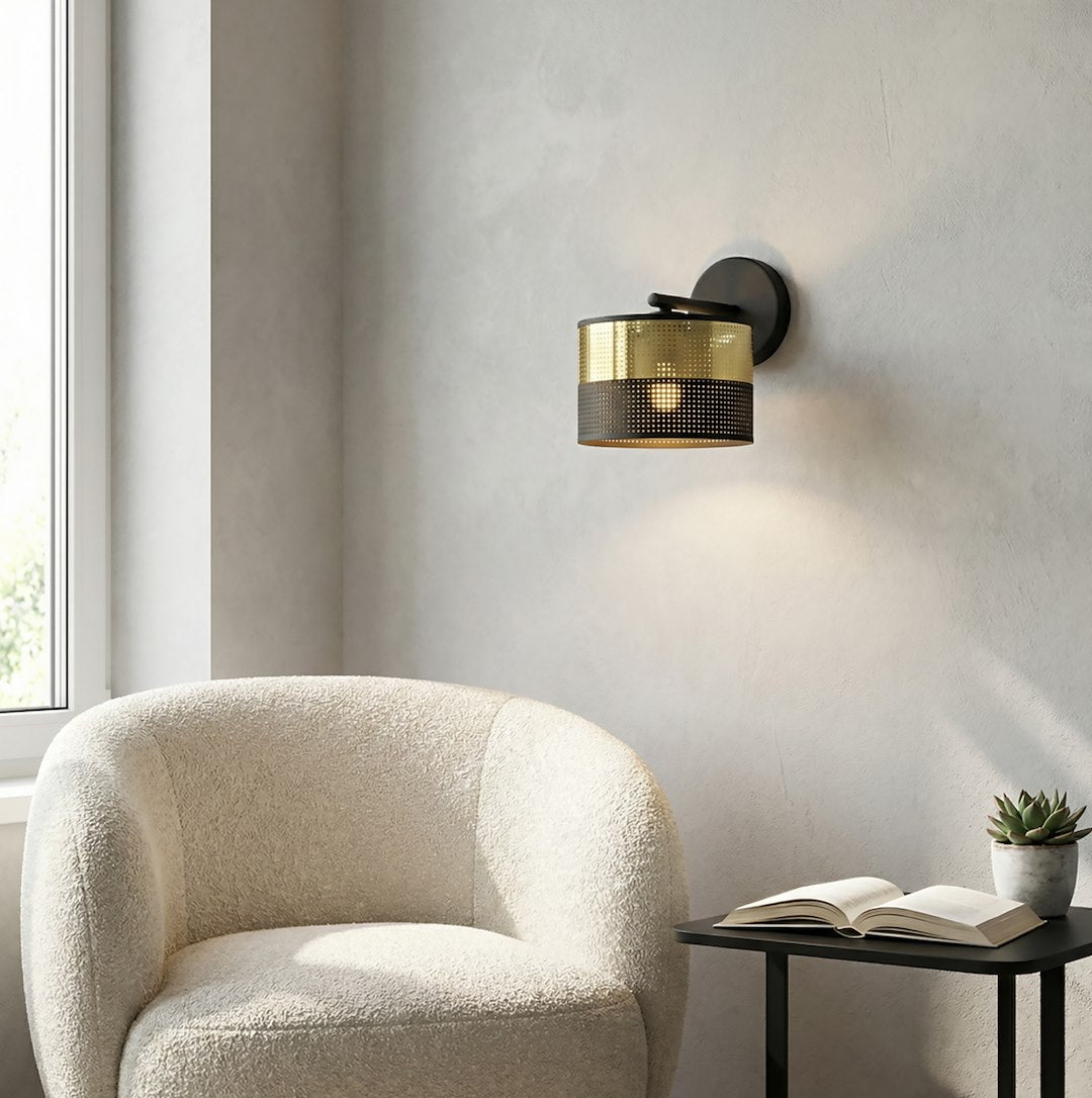 Wandlamp gepoedercoat staal modern Lux, zwart met goud, stoffen kap Ø 20 cm, E27
