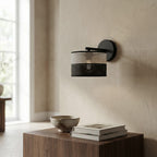 Wandlamp gepoedercoat staal minimalistisch Karbon, zwart met grijze stoffen kap Ø 20 cm, E27