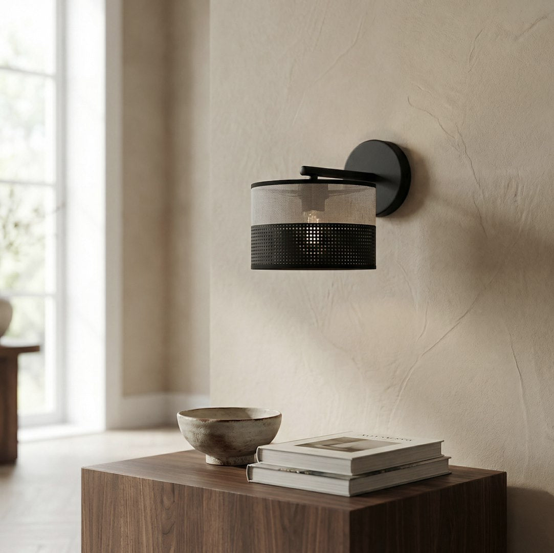 Wandlamp gepoedercoat staal minimalistisch Karbon, zwart met grijze stoffen kap Ø 20 cm, E27