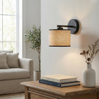 Wandlamp rotan met gepoedercoat staal, minimalistisch Eco, zwart en naturel, lampenkap Ø 20 cm, E27