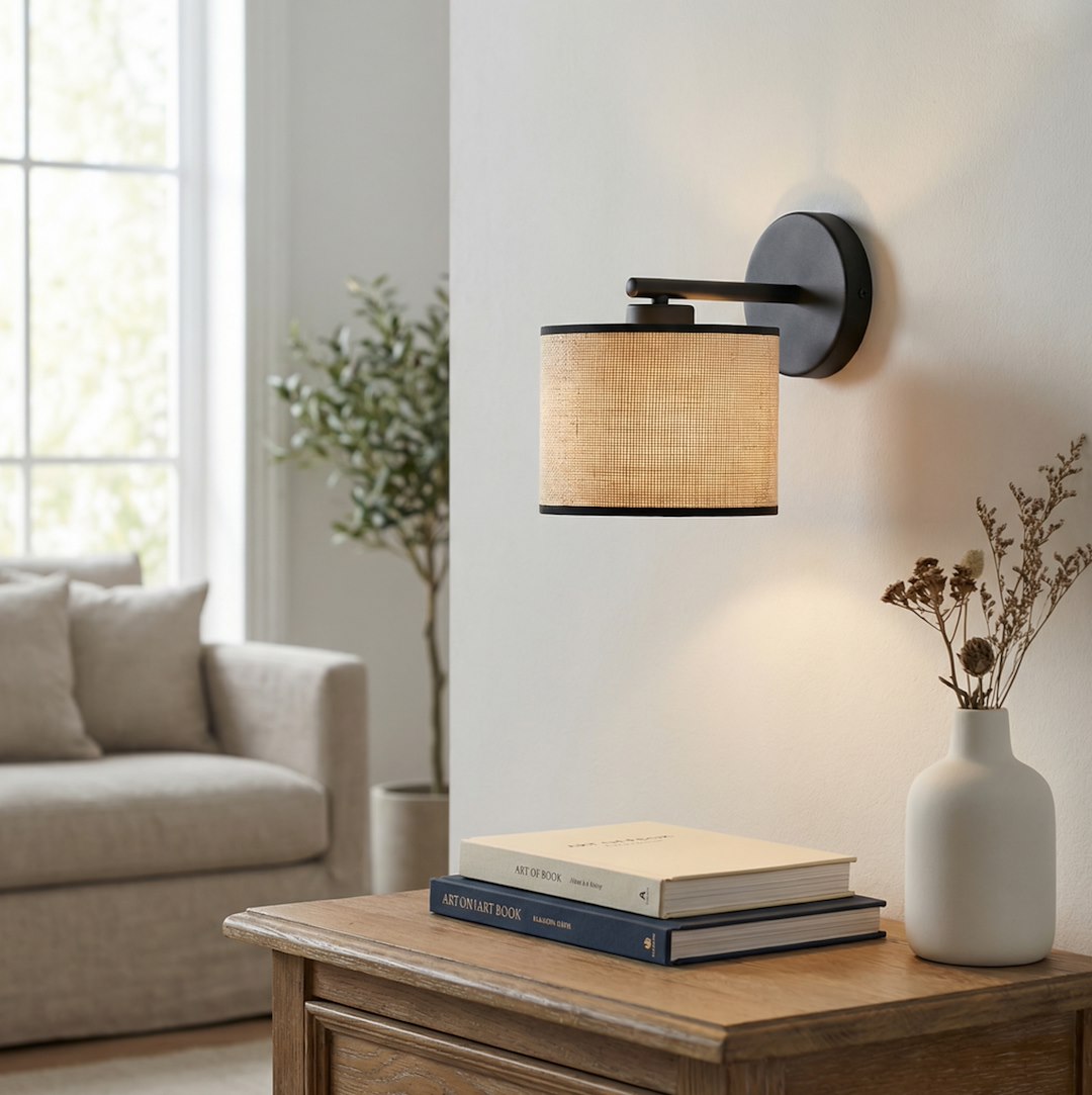 Wandlamp rotan met gepoedercoat staal, minimalistisch Eco, zwart en naturel, lampenkap Ø 20 cm, E27