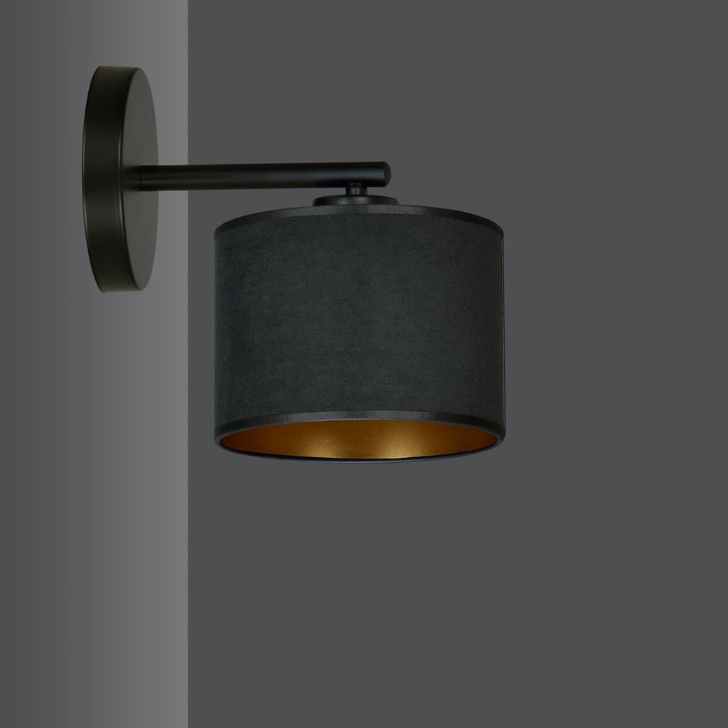 Wandlamp gepoedercoat staal en stof, Hilde, zwart met gouden binnenkant, Ø 20 cm kap, E27, woonkamer en slaapkamer