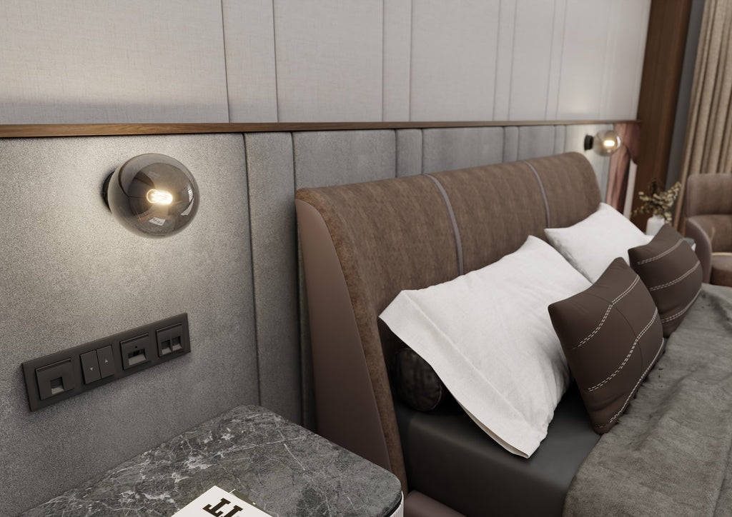 Wandlamp gepoedercoat staal en glas Rossi, zwart met grafiet glazen kap Ø 14 cm, E14, voor woonkamer en slaapkamer
