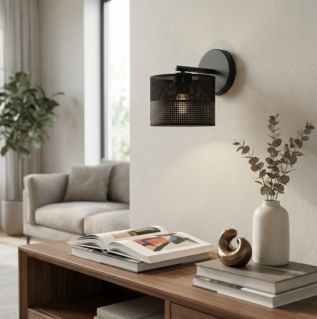 Wandlamp zwart gepoedercoat staal met stoffen kap, minimalistisch Karbon, kap Ø 20 cm, E27 fitting