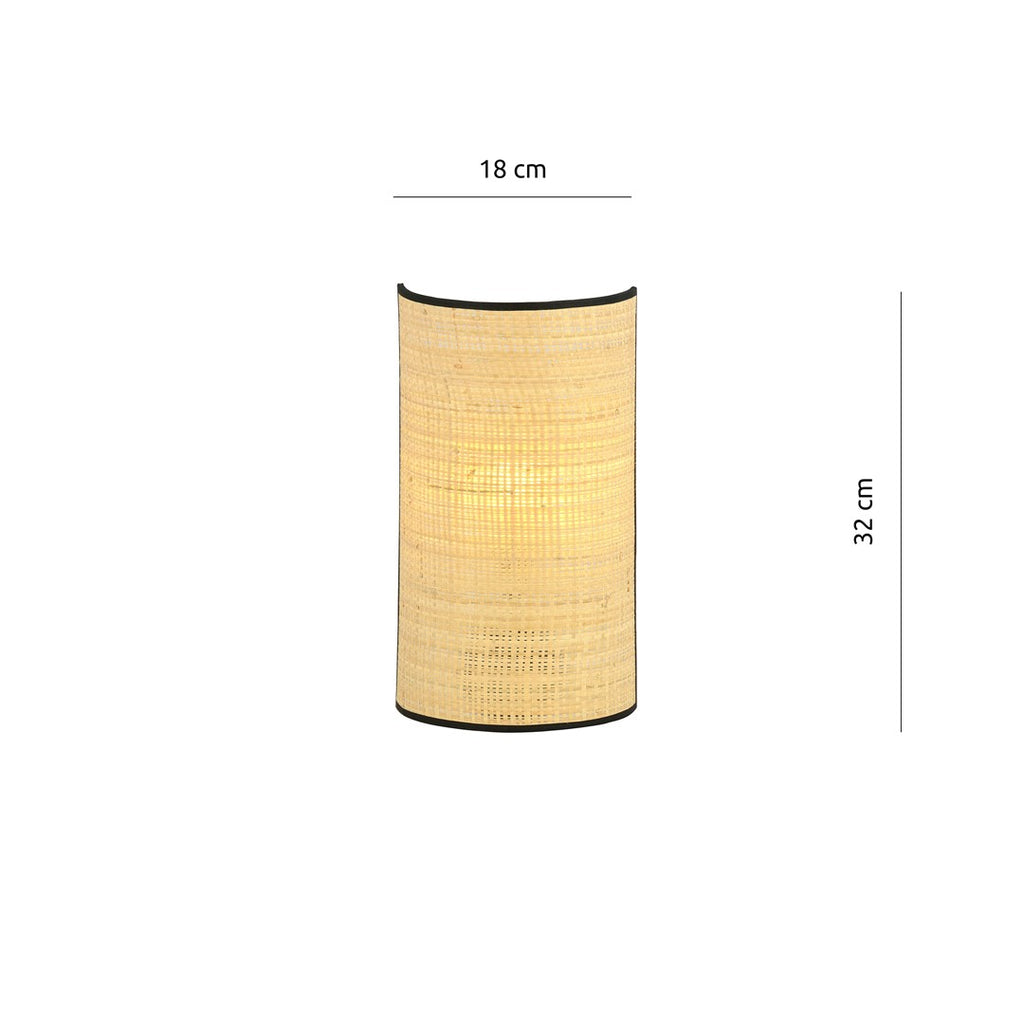 Wandlamp rotan en gepoedercoat staal, boho, Aston, naturel met zwarte rand, 18 x 32 cm, E14