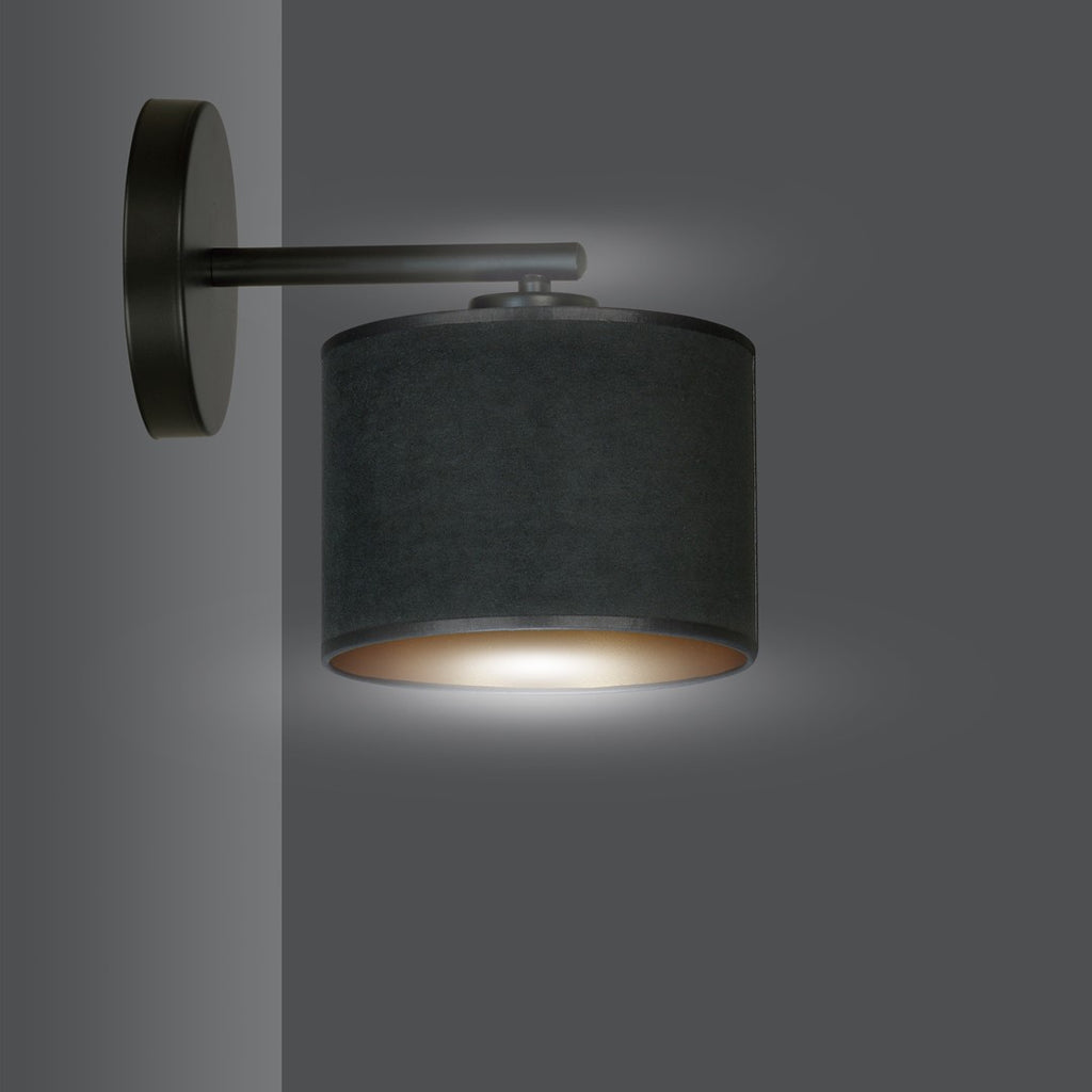 Wandlamp gepoedercoat staal en stof, Hilde, zwart met gouden binnenkant, Ø 20 cm kap, E27, woonkamer en slaapkamer