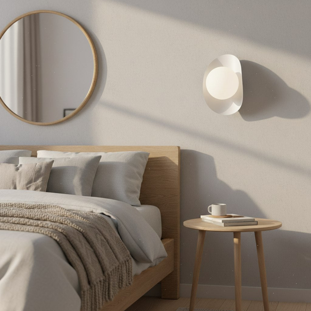 Wandlamp gepoedercoat staal Fiero modern wit, met bol en lintvormig scherm, G9 – 16 x 13 x 20 cm