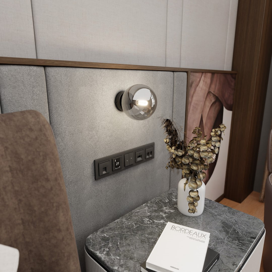 Wandlamp gepoedercoat staal en glas Rossi, zwart met grafiet glazen kap Ø 14 cm, E14, voor woonkamer en slaapkamer