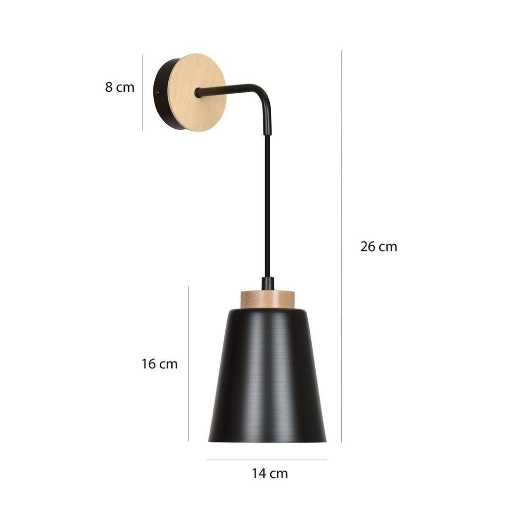 Wandlamp staal en hout Bolero Scandinavisch, mat zwart – 14 x 25 cm, 1 fitting E27 voor woonkamer, trappenhuis en hal