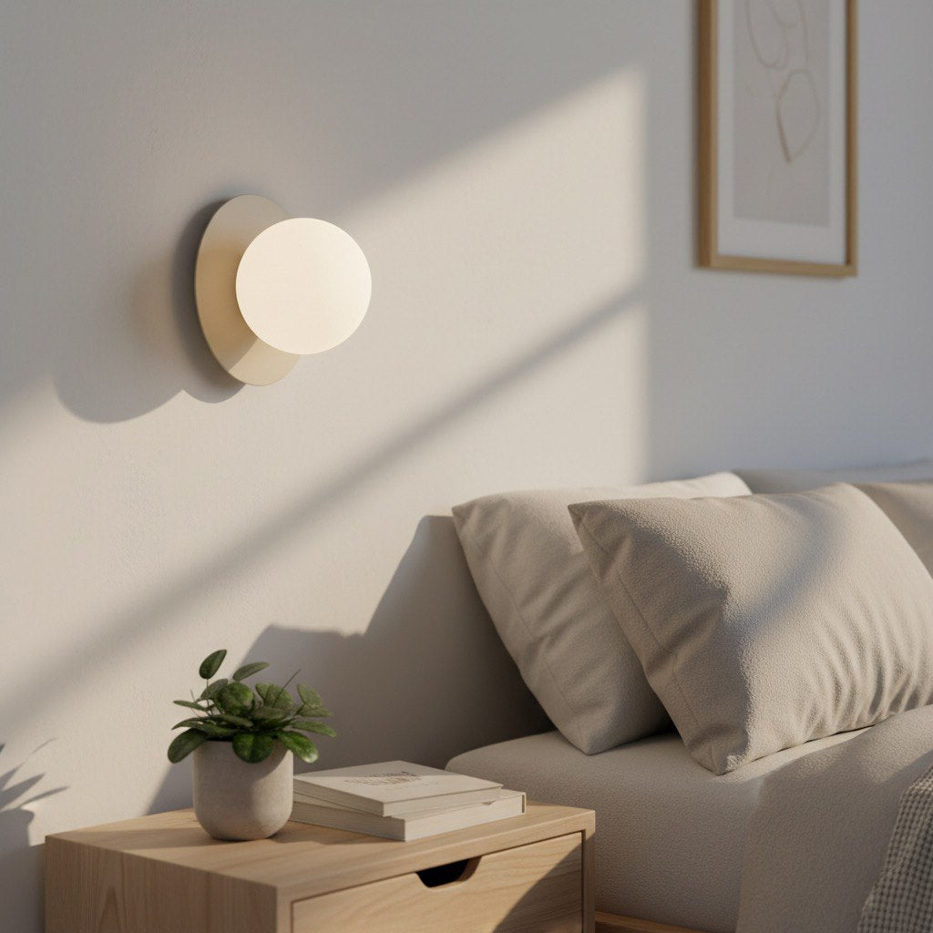 Wandlamp gepoedercoat staal minimalistisch Americana K1, mokka met witte glazen bol Ø 10 cm, G9
