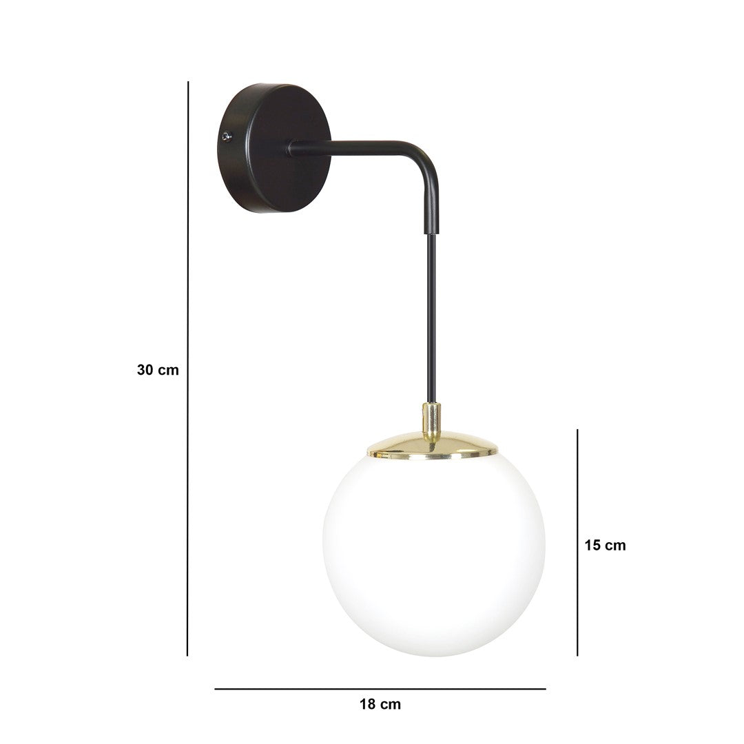 Wandlamp gepoedercoat staal en glas Ognis wit met glazen bol Ø 15 cm, E27, voor hal, woonkamer of slaapkamer