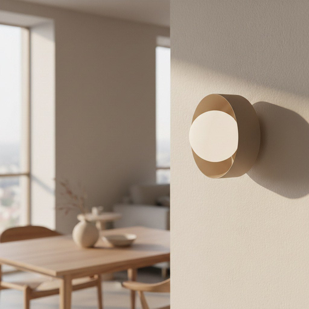 Wandlamp gepoedercoat staal minimalistisch mokka met witte bol Ø 10 cm, G9 fitting, voor hal en slaapkamer