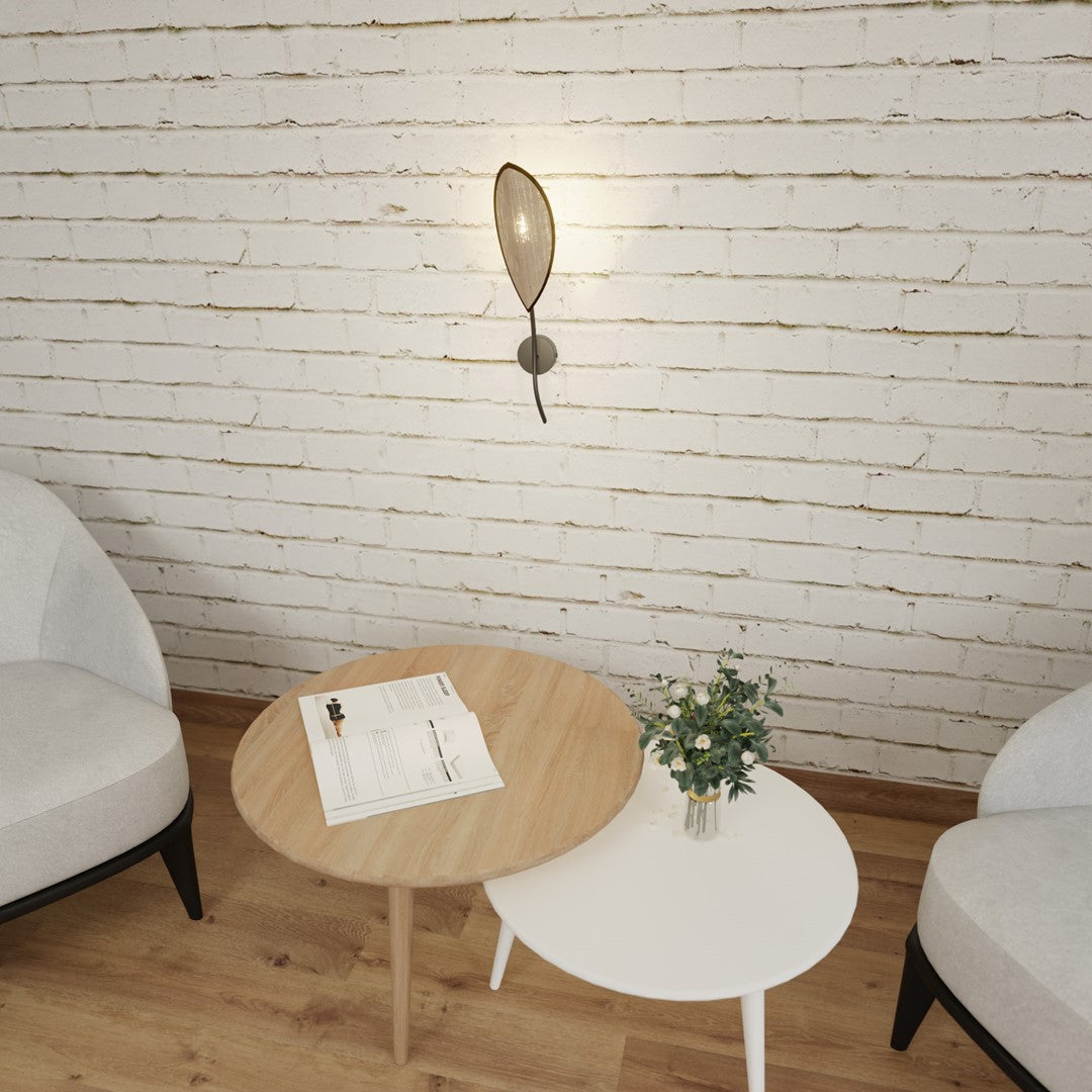Wandlamp gepoedercoat staal en rotan Lotus boho zwart met bruine kap, 12 x 51 cm, E14, woonkamer en slaapkamer
