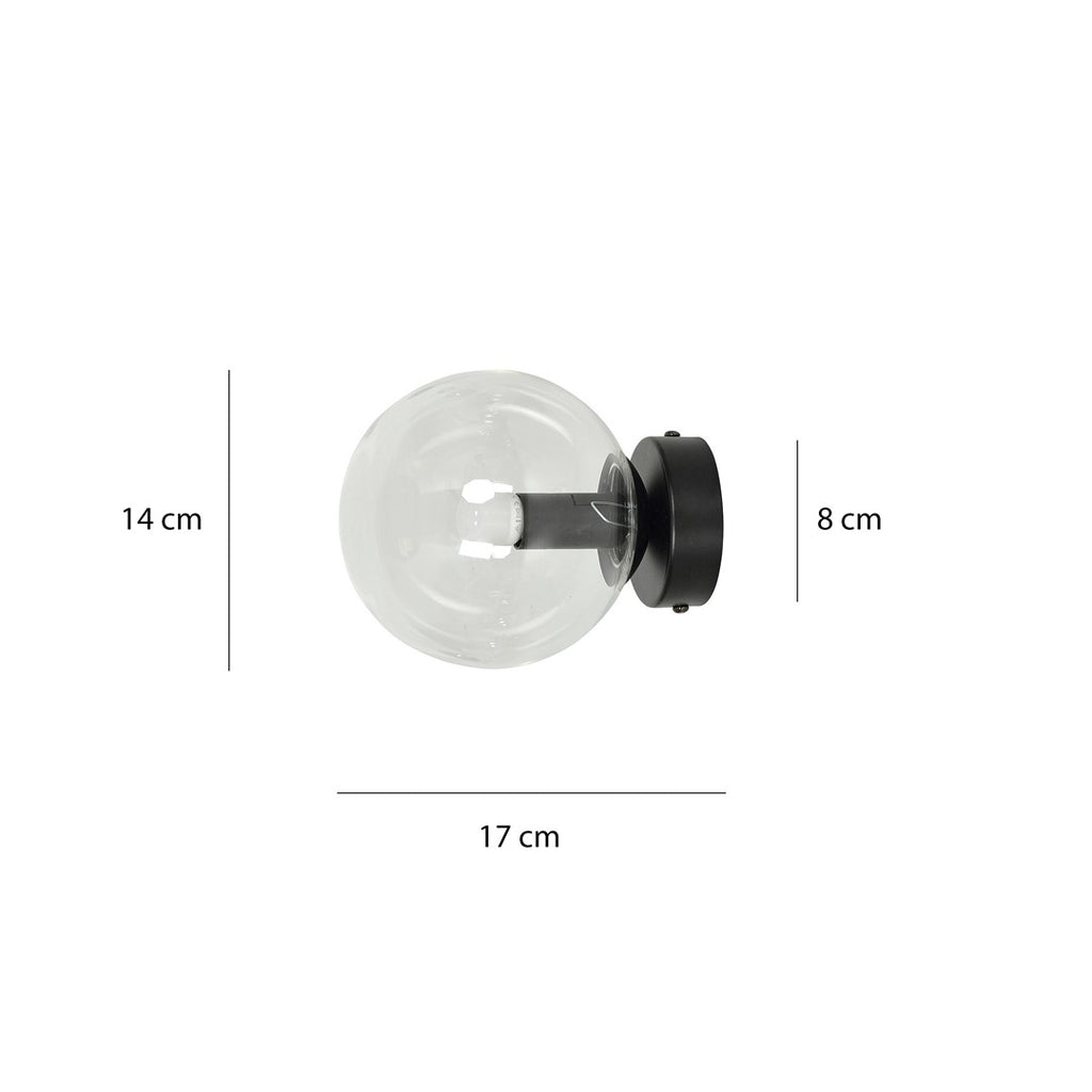 Wandlamp zwart gepoedercoat staal met transparante glazen kap, Rossi, modern, Ø 14 cm, woonkamer en slaapkamer