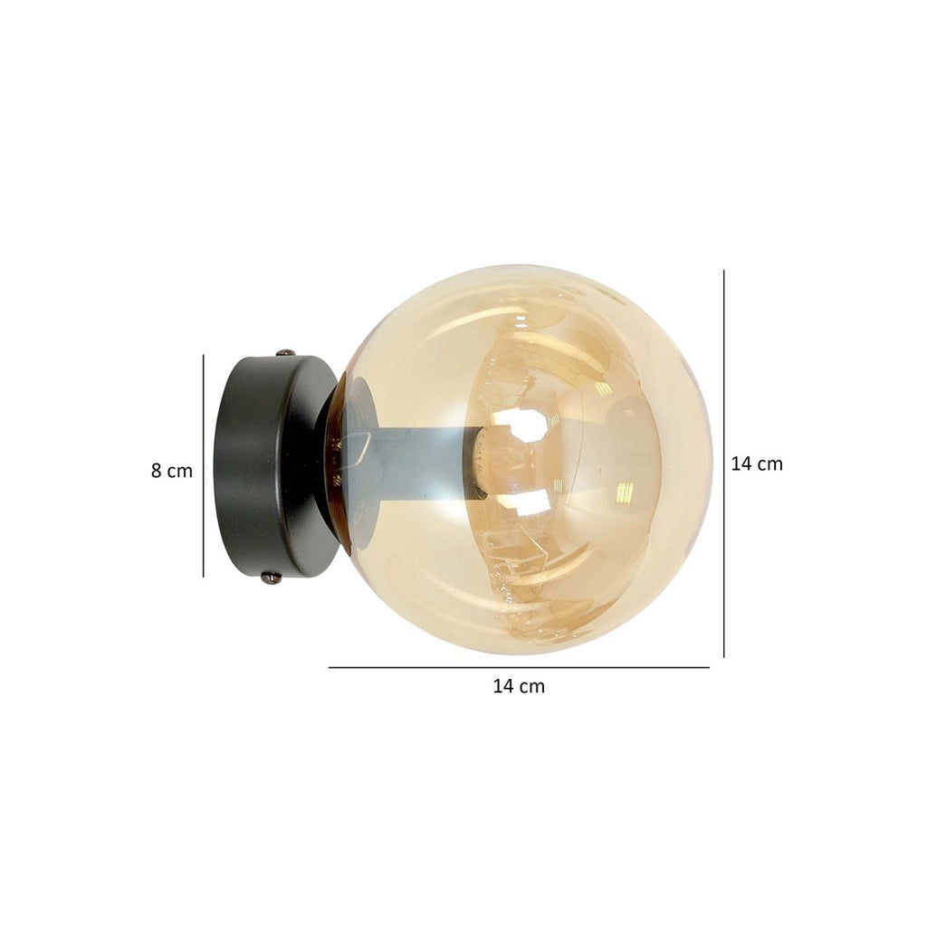 Wandlamp staal en glas modern Rossi zwart met amberkleurige glazen kap Ø 14 cm, voor woonkamer en slaapkamer