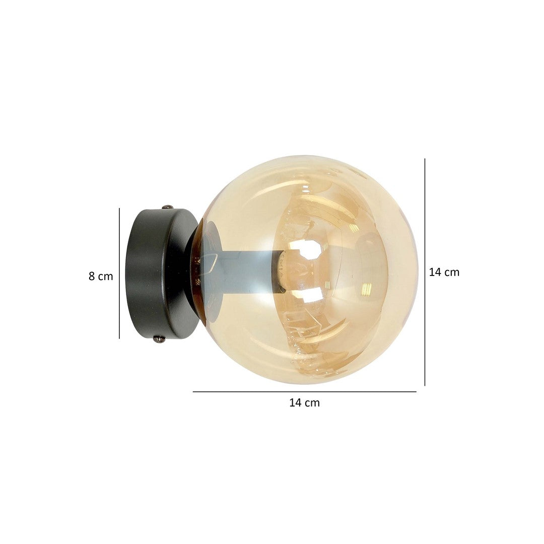 Wandlamp staal en glas modern Rossi zwart met amberkleurige glazen kap Ø 14 cm, voor woonkamer en slaapkamer
