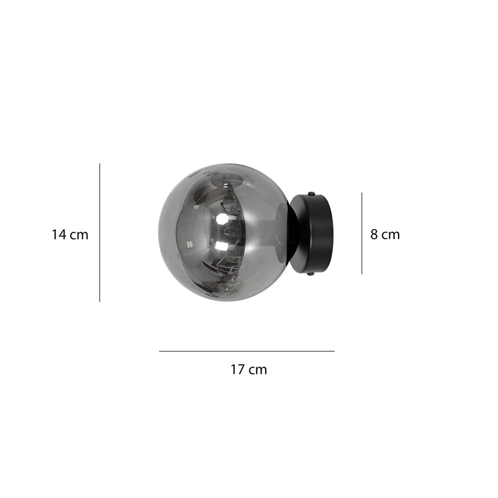 Wandlamp gepoedercoat staal en glas Rossi, zwart met grafiet glazen kap Ø 14 cm, E14, voor woonkamer en slaapkamer