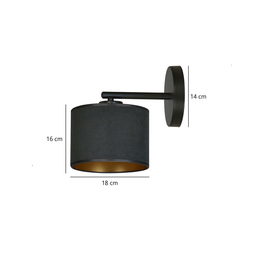 Wandlamp gepoedercoat staal en stof, Hilde, zwart met gouden binnenkant, Ø 20 cm kap, E27, woonkamer en slaapkamer