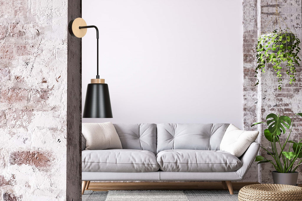 Wandlamp staal en hout Bolero Scandinavisch, mat zwart – 14 x 25 cm, 1 fitting E27 voor woonkamer, trappenhuis en hal