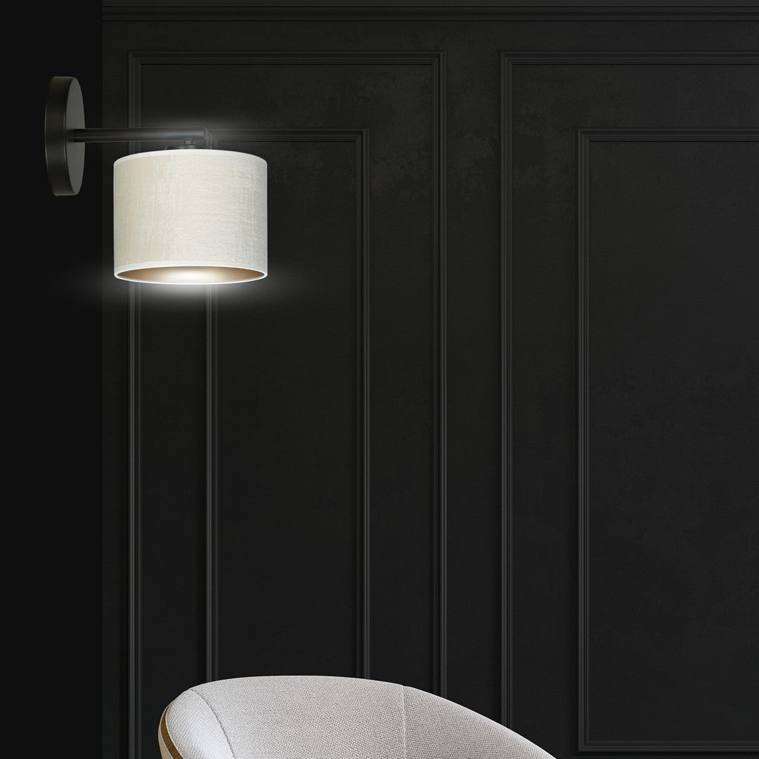 Wandlamp gepoedercoat staal en stof Hilde, zwart met witte kap Ø 20 cm, E27, voor woonkamer en slaapkamer