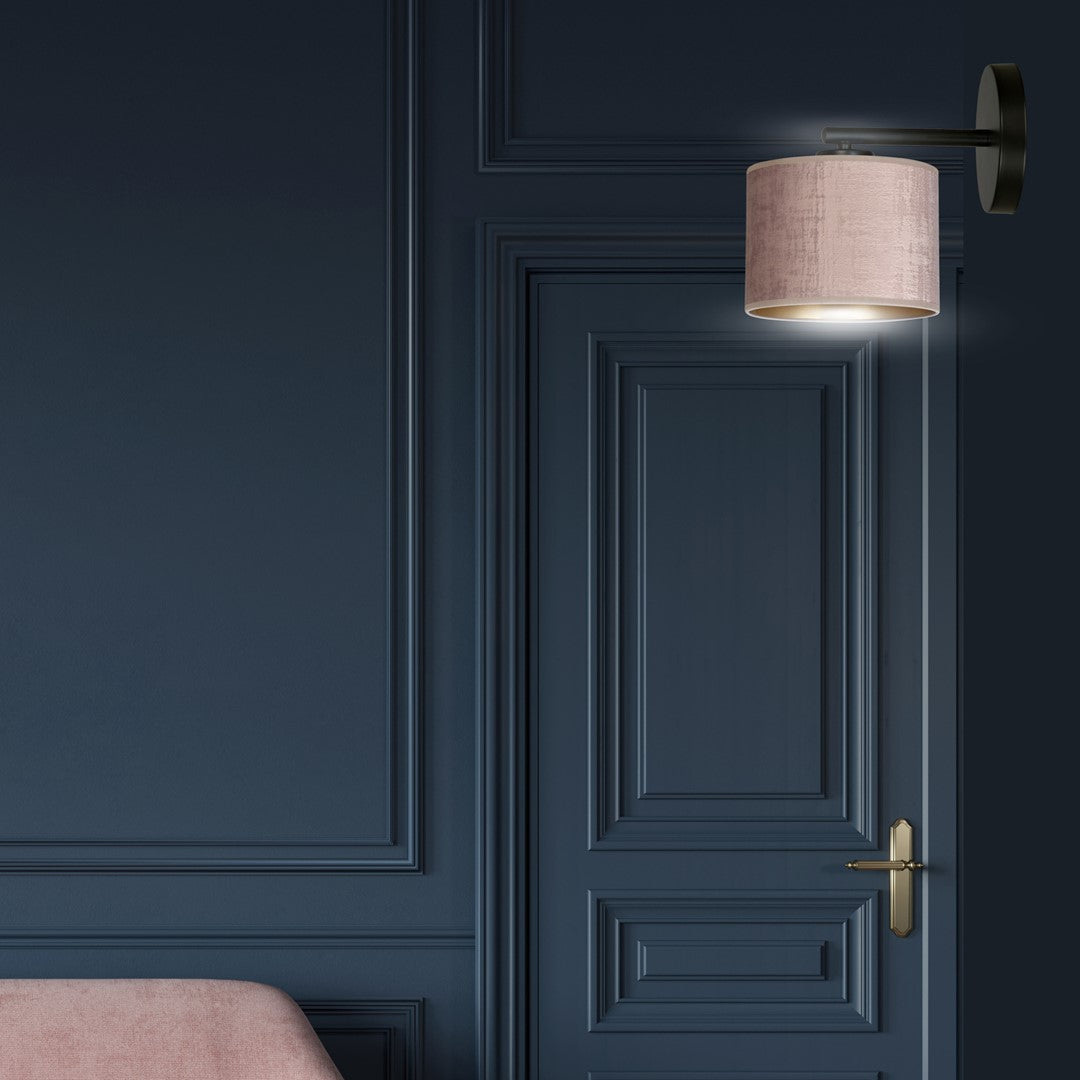 Wandlamp Hilde gepoedercoat staal met stoffen kap, zwart armatuur, roze lampenkap Ø 20 cm, E27 voor woonkamer en slaapkamer