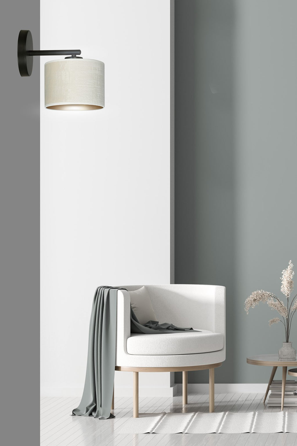 Wandlamp gepoedercoat staal en stof Hilde, zwart met witte kap Ø 20 cm, E27, voor woonkamer en slaapkamer