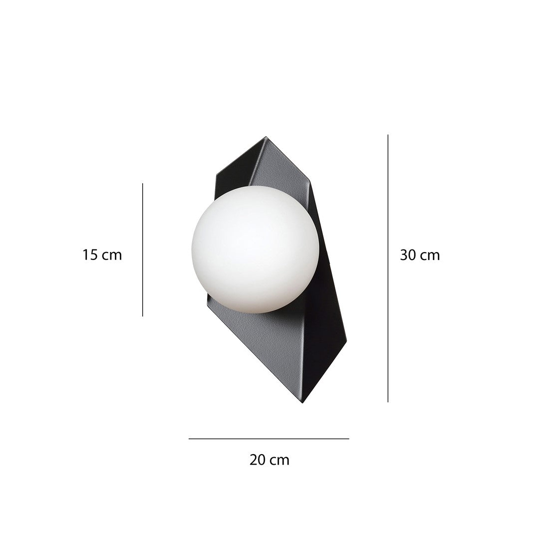Wandlamp gepoedercoat staal Drifton zwart, witte glazen kap Ø 15 cm, 20 x 30 cm, hal en woonkamer