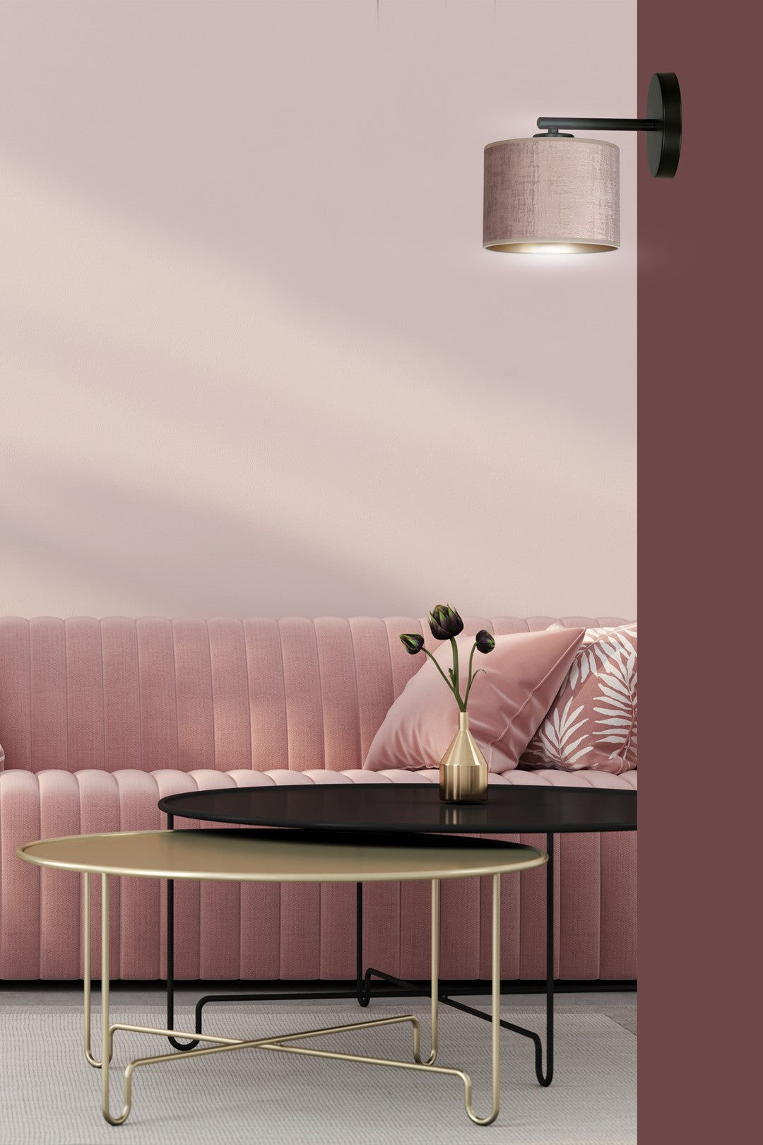 Wandlamp Hilde gepoedercoat staal met stoffen kap, zwart armatuur, roze lampenkap Ø 20 cm, E27 voor woonkamer en slaapkamer