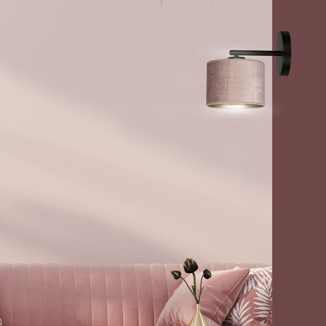 Wandlamp Hilde gepoedercoat staal met stoffen kap, zwart armatuur, roze lampenkap Ø 20 cm, E27 voor woonkamer en slaapkamer