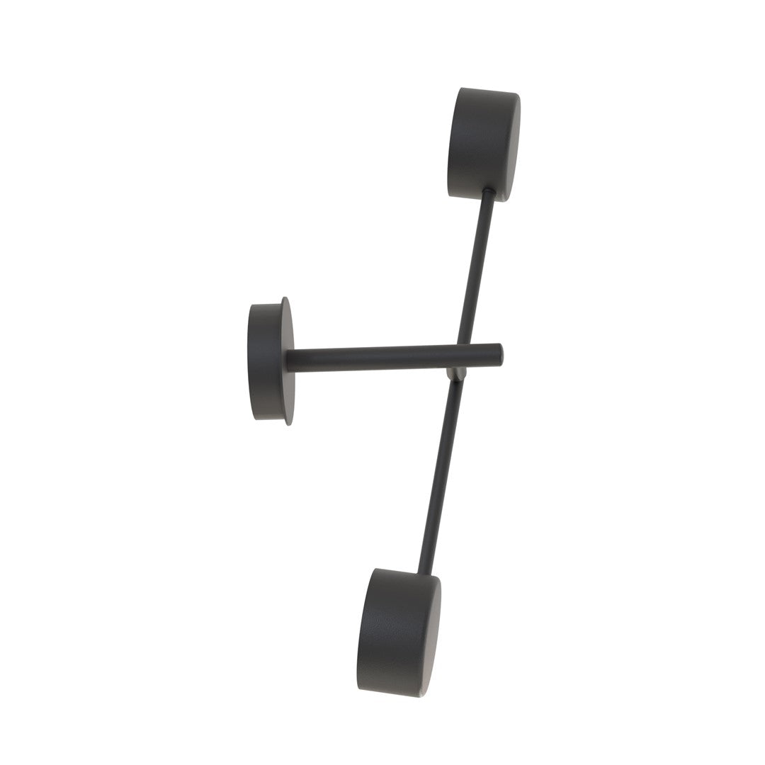 Zwarte wandlamp met ronde wandplaat en twee cilindervormige lichtpunten aan een dunne arm, zijaanzicht