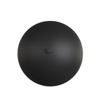 Zwarte wandlamp met ronde, mat afgewerkte koepelkap en een klein knopje in het midden, van voren gezien