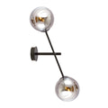 Zwarte wandlamp met twee ronde grafietkleurige glazen kappen aan een diagonale arm