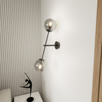 Wandlamp gepoedercoat staal en glas Linear K2, zwart met grafiet glazen kappen, 2 lichtpunten, E14