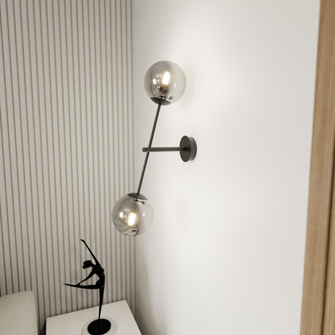 Wandlamp gepoedercoat staal en glas Linear K2, zwart met grafiet glazen kappen, 2 lichtpunten, E14