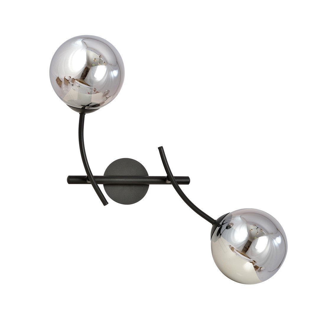Wandlamp gepoedercoat staal en glas Hunter K2, zwart met grafiet glazen kappen, 2 lichtpunten E14, binnen