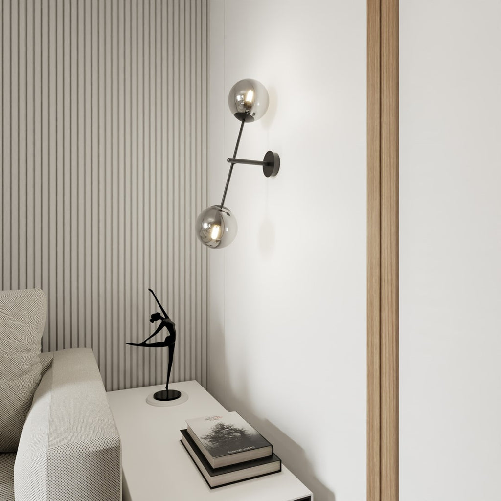 Wandlamp gepoedercoat staal en glas Linear K2, zwart met grafiet glazen kappen, 2 lichtpunten, E14