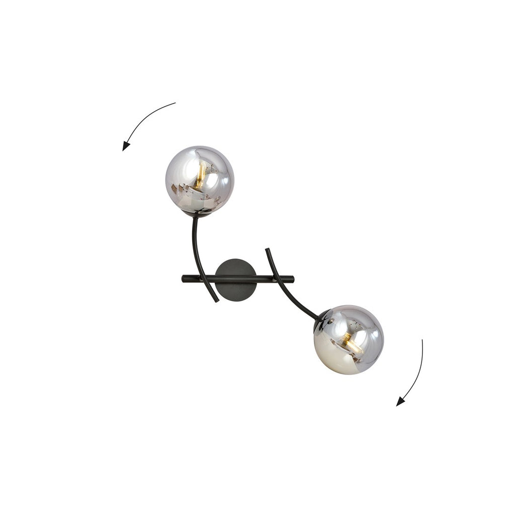 Wandlamp gepoedercoat staal en glas Hunter K2, zwart met grafiet glazen kappen, 2 lichtpunten E14, binnen
