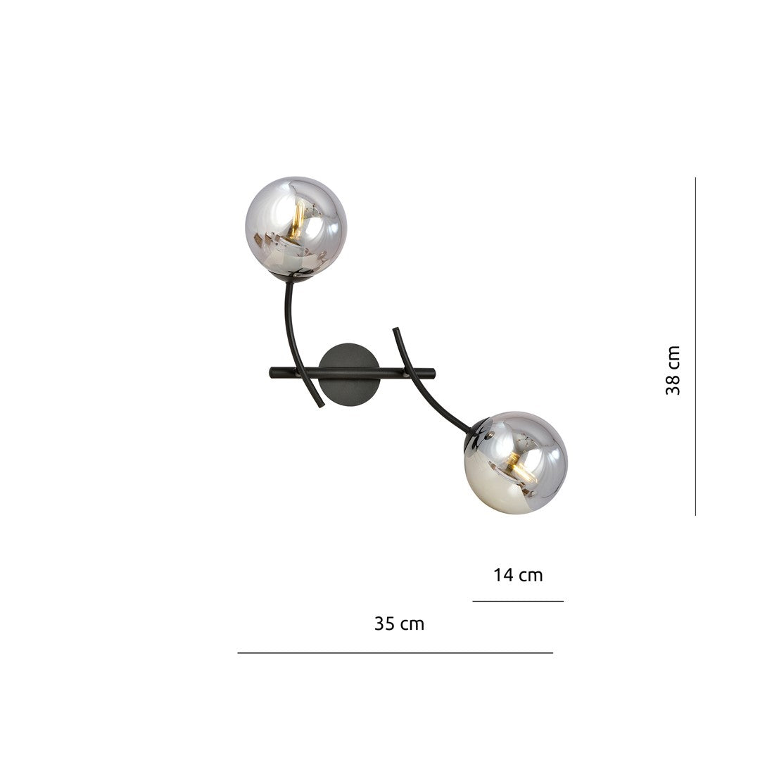 Wandlamp gepoedercoat staal en glas Hunter K2, zwart met grafiet glazen kappen, 2 lichtpunten E14, binnen